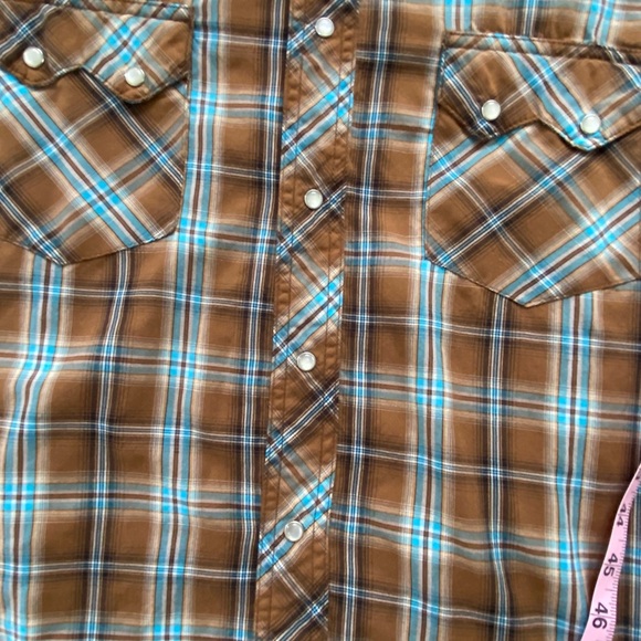 Wrangler Western Men’s Sz Large Plaid Pearl Snap Button Up Shirt Brown Blue - Picture 7 of 7